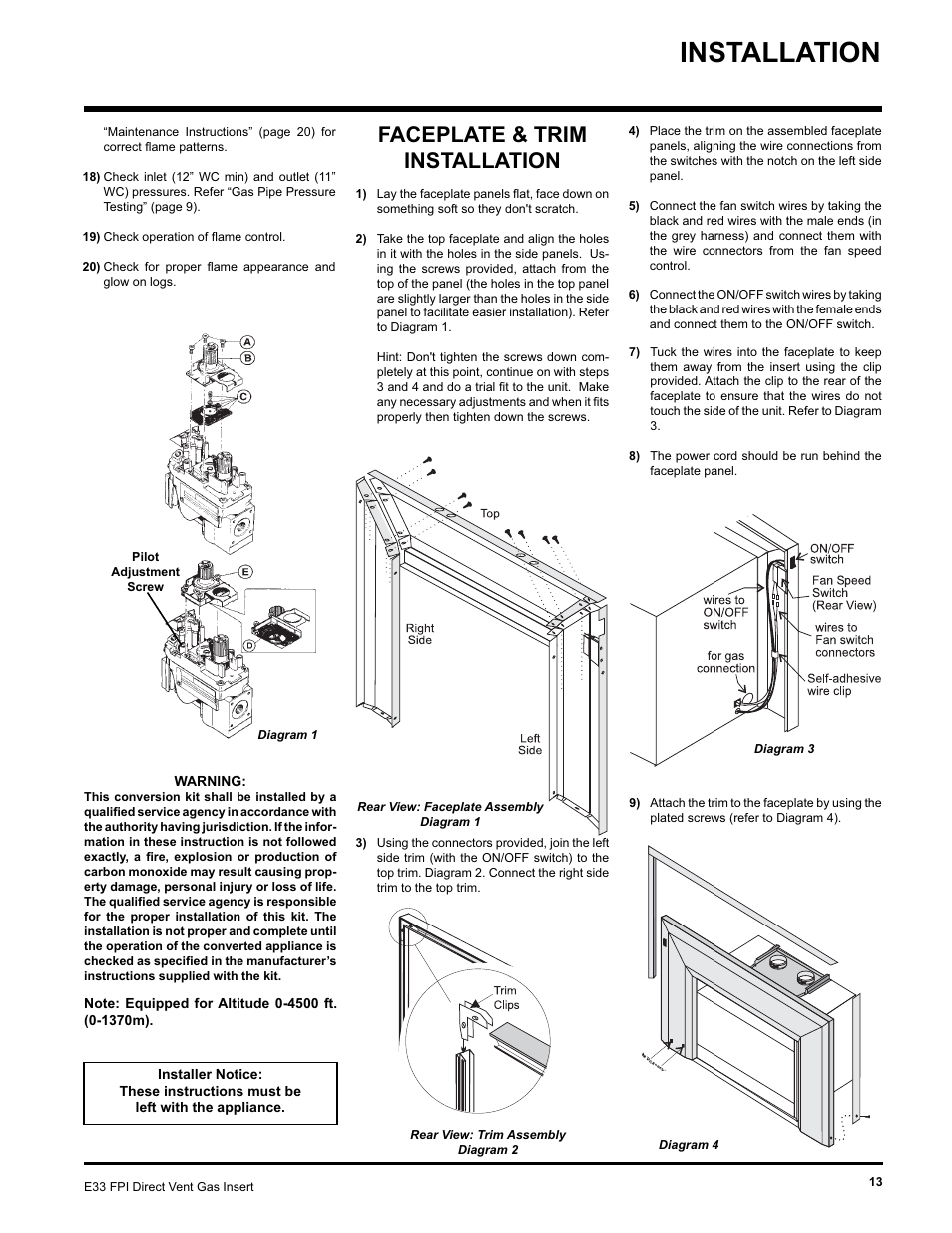 Installation, Faceplate & trim installation | Regency E33-NG User Manual | Page 13 / 32