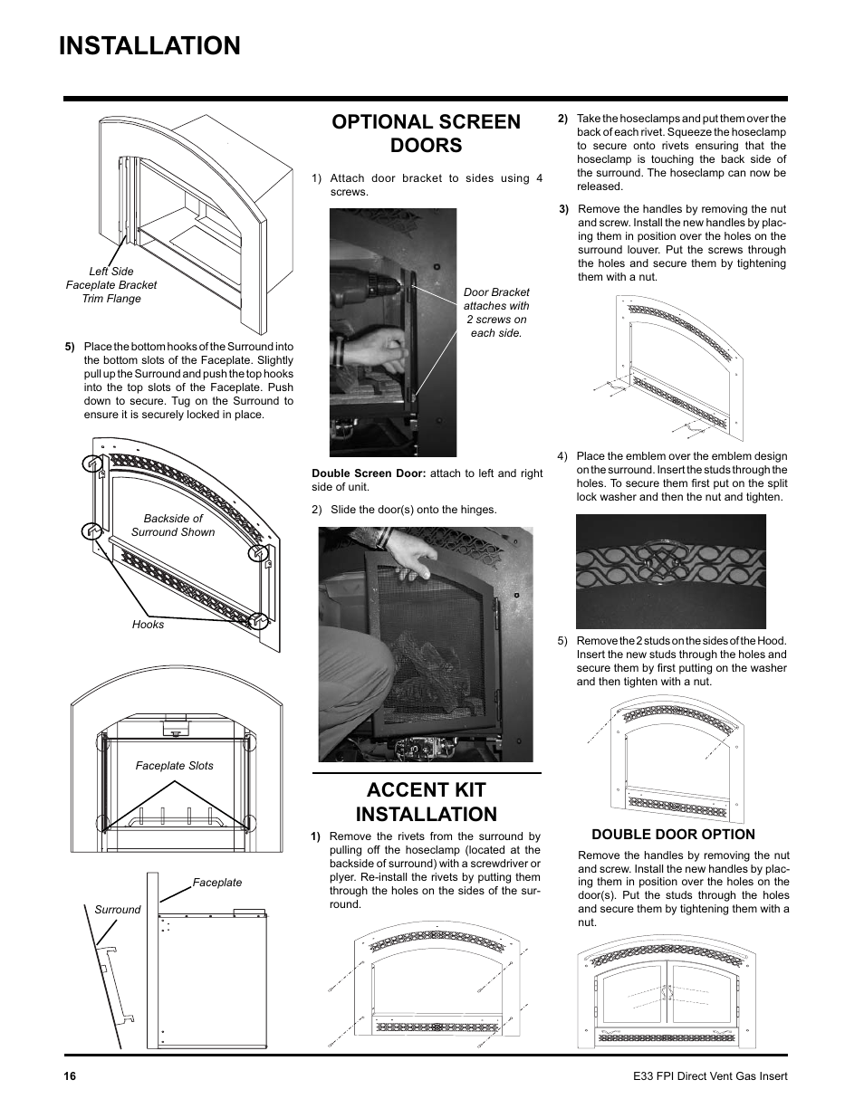 Installation, Accent kit installation, Optional screen doors | Regency E33-NG User Manual | Page 16 / 32