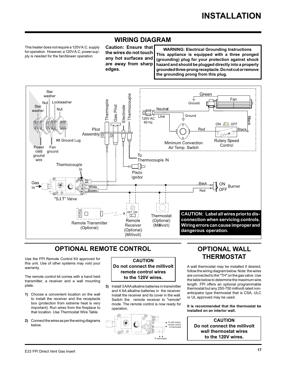 Installation, Wiring diagram, Optional remote control optional wall thermostat | Regency E33-NG User Manual | Page 17 / 32