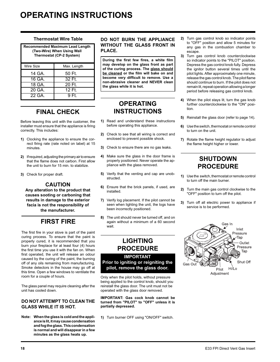 Operating instructions, Shutdown procedure, First fire | Lighting procedure, Final check, Caution | Regency E33-NG User Manual | Page 18 / 32