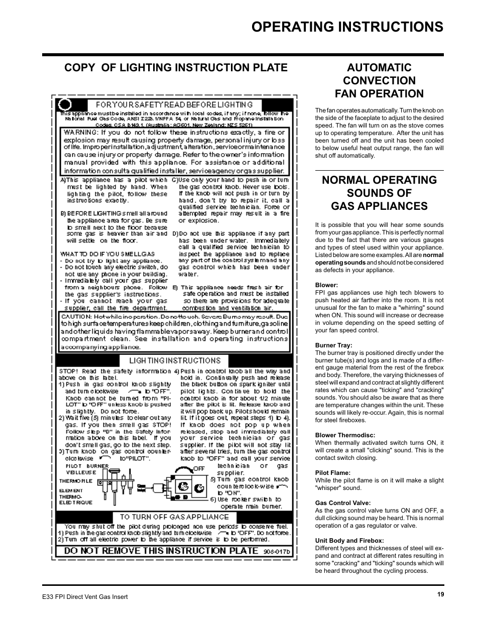 Operating instructions, Normal operating sounds of gas appliances | Regency E33-NG User Manual | Page 19 / 32