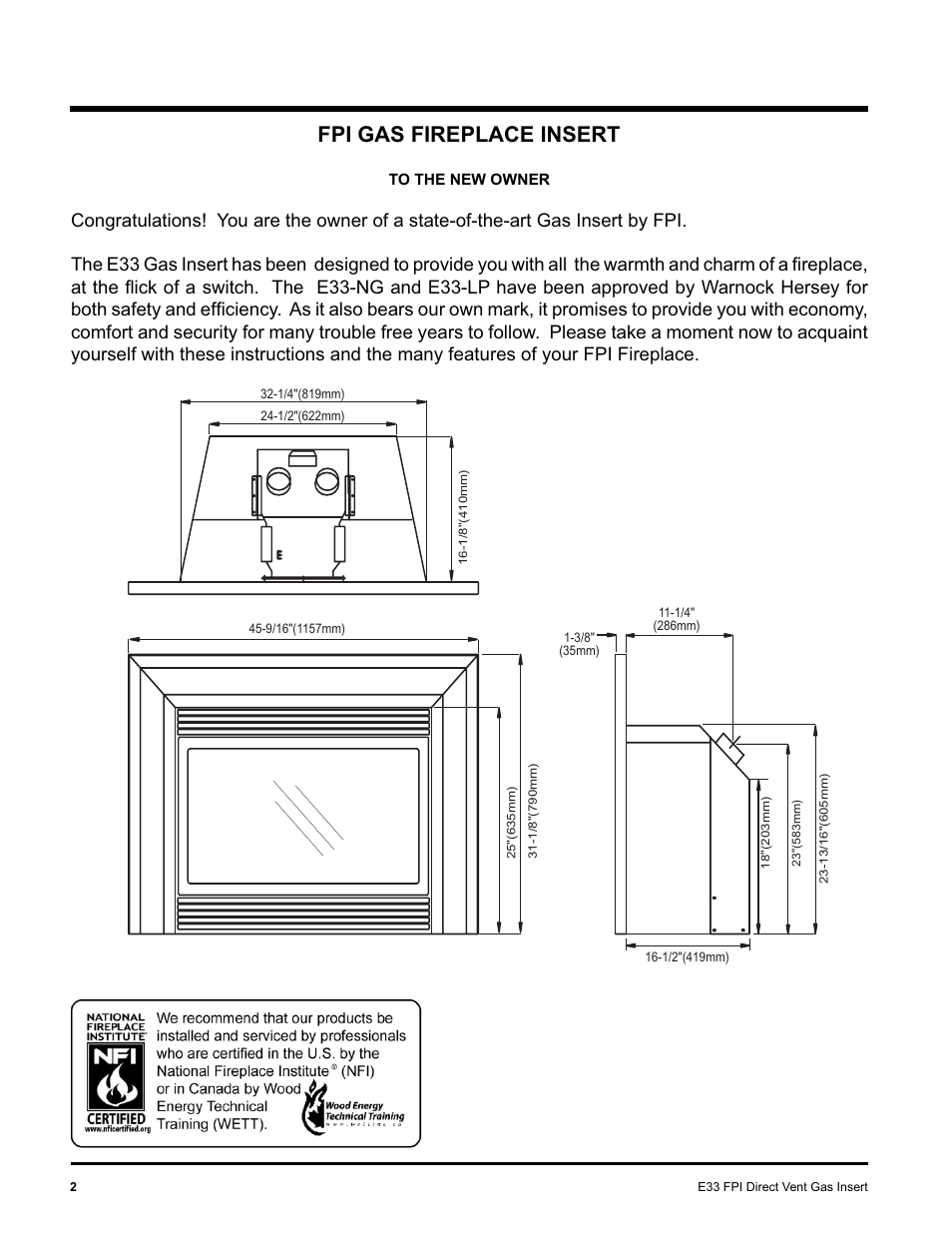 Fpi gas fireplace insert | Regency E33-NG User Manual | Page 2 / 32