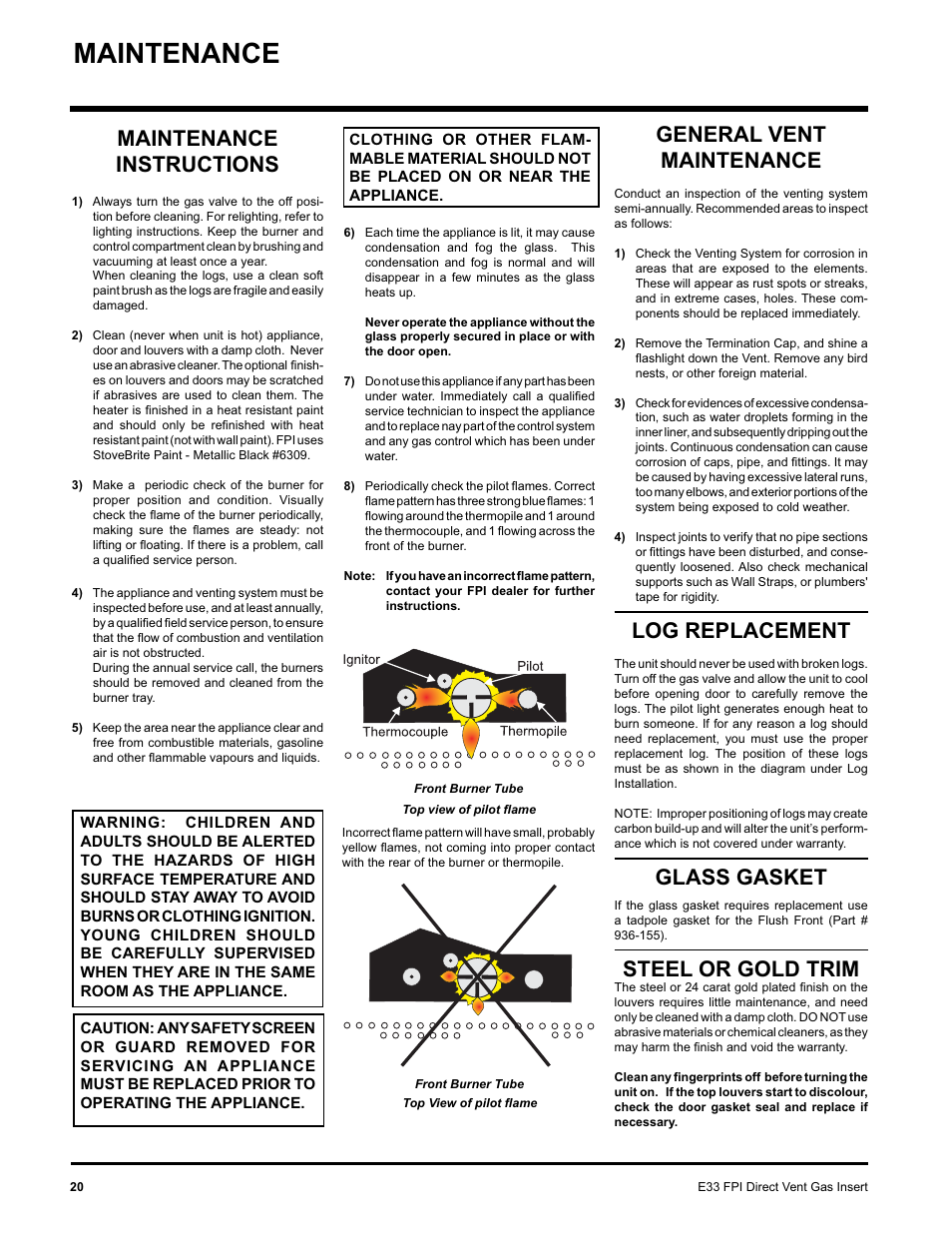 Maintenance, General vent maintenance, Log replacement | Glass gasket, Steel or gold trim, Maintenance instructions | Regency E33-NG User Manual | Page 20 / 32