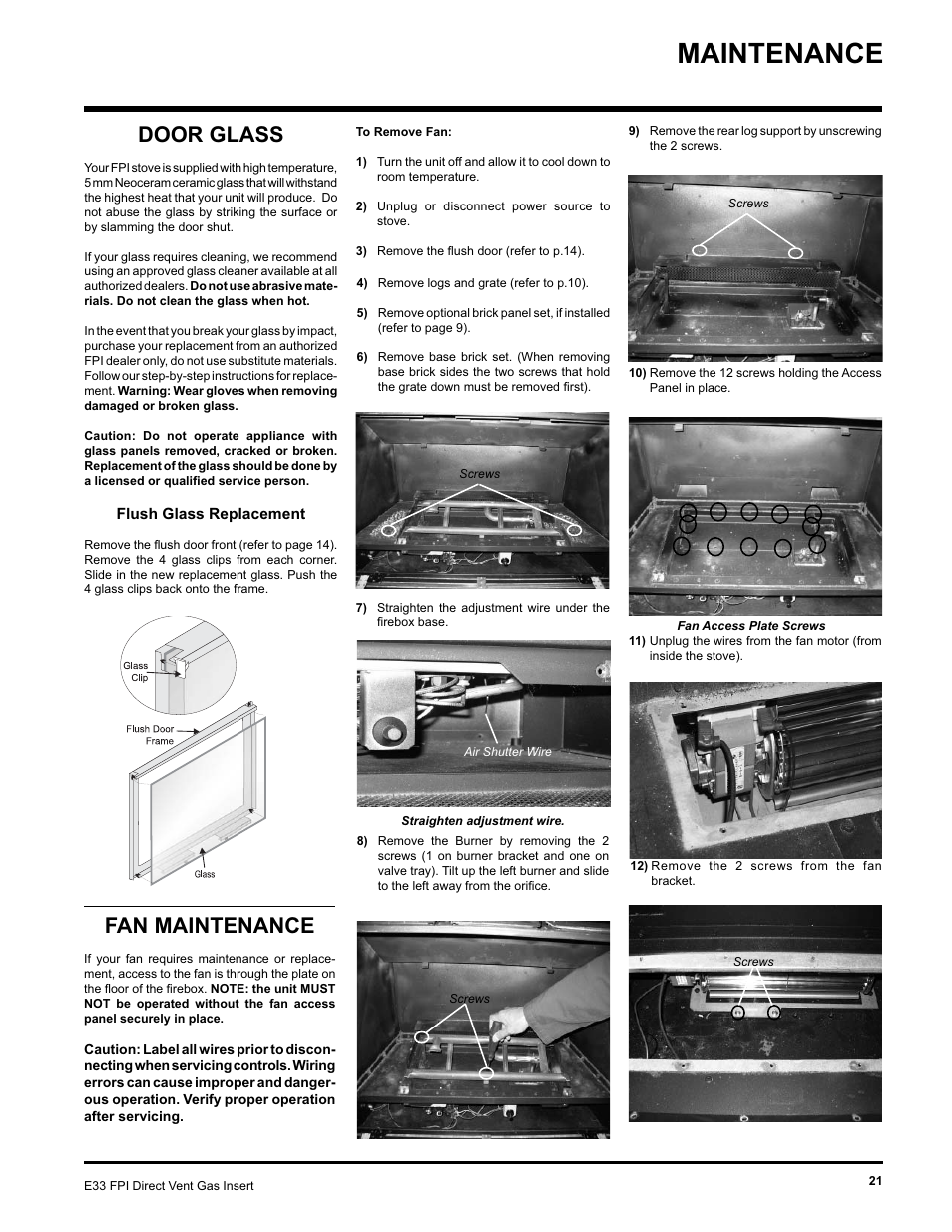 Maintenance, Fan maintenance, Door glass | Regency E33-NG User Manual | Page 21 / 32