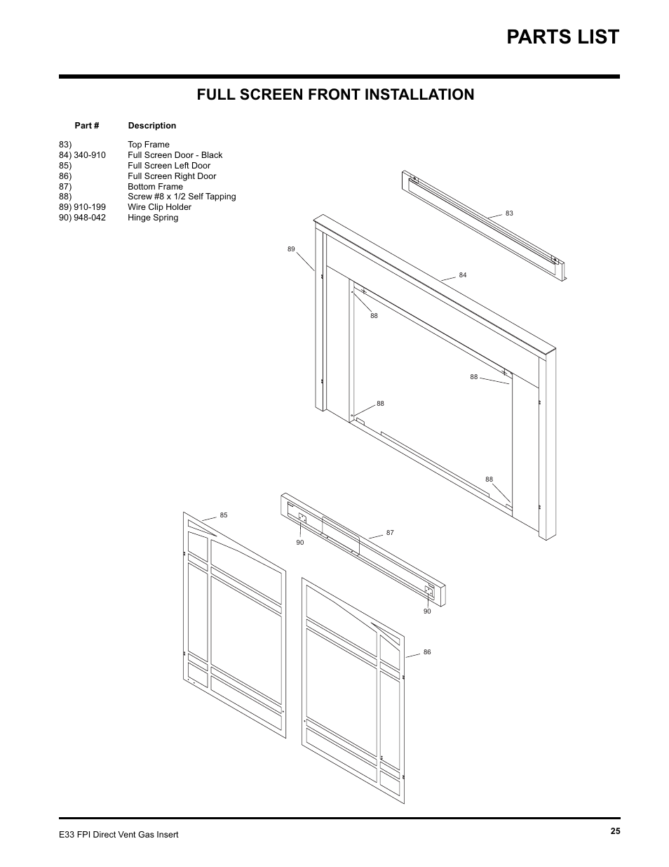 Parts list, Full screen front installation | Regency E33-NG User Manual | Page 25 / 32