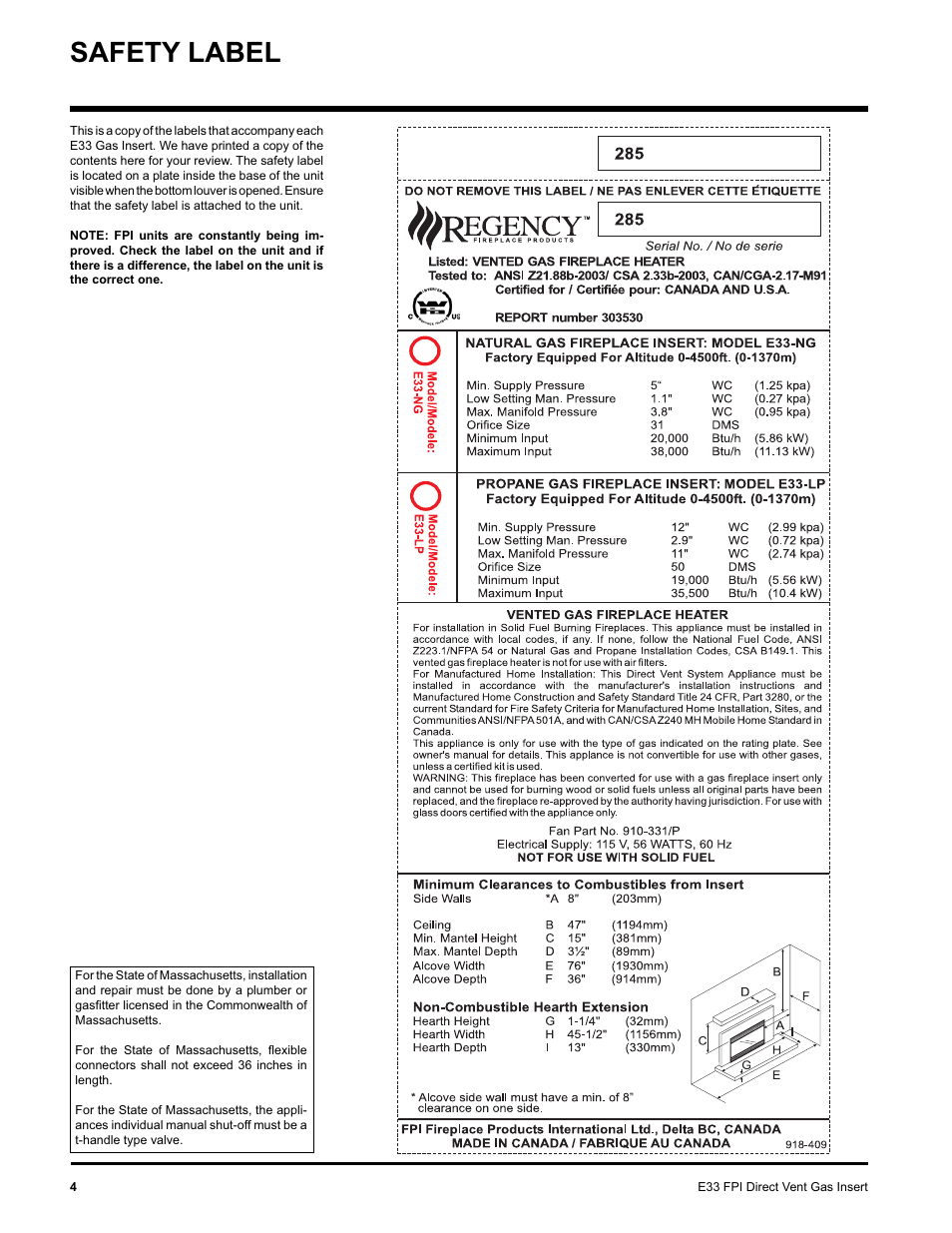 Safety label | Regency E33-NG User Manual | Page 4 / 32