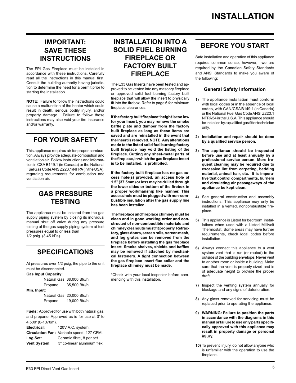 Installation, Important: save these instructions, For your safety | Gas pressure testing, Specifications, Before you start | Regency E33-NG User Manual | Page 5 / 32