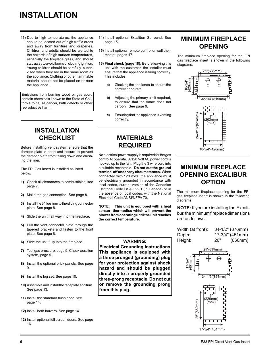 Installation, Materials required, Installation checklist | Minimum fireplace opening, Minimum fireplace opening excalibur option | Regency E33-NG User Manual | Page 6 / 32