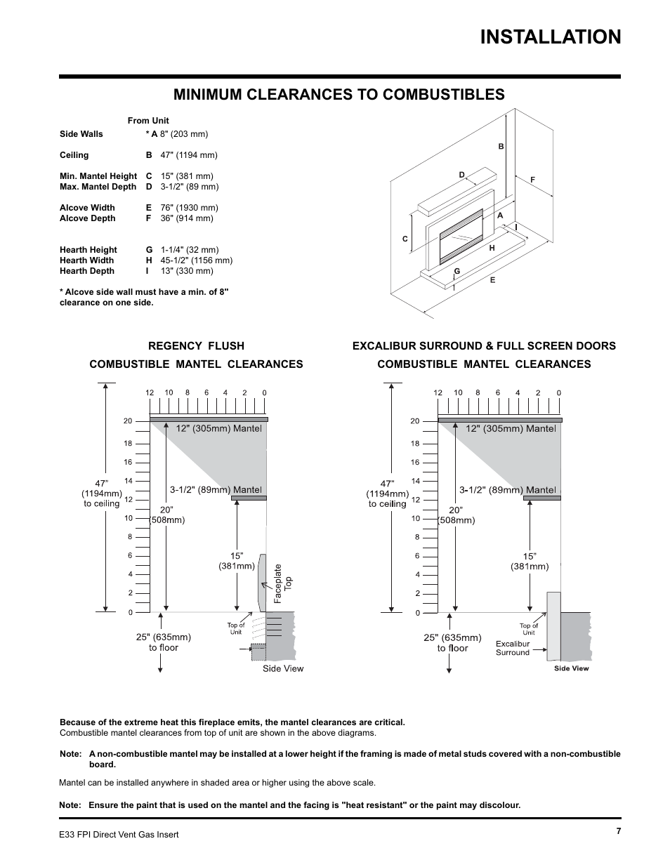Installation, Minimum clearances to combustibles | Regency E33-NG User Manual | Page 7 / 32