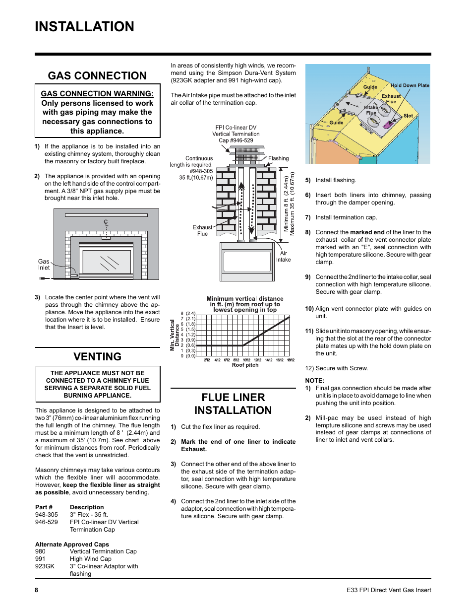 Installation, Venting, Gas connection | Flue liner installation | Regency E33-NG User Manual | Page 8 / 32