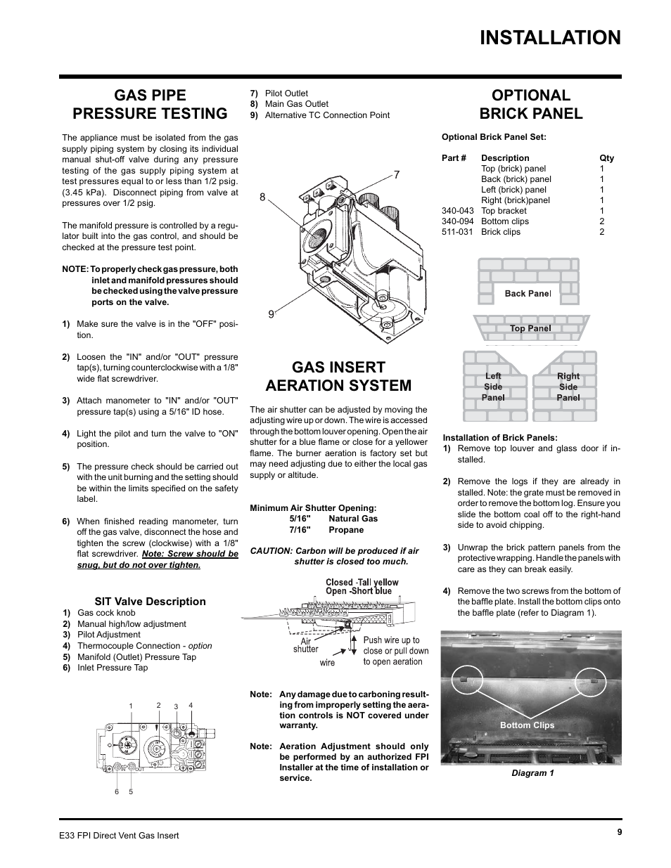 Installation, Optional brick panel, Gas pipe pressure testing | Gas insert aeration system | Regency E33-NG User Manual | Page 9 / 32