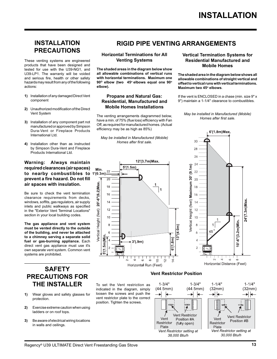 Installation, Installation precautions, Safety precautions for the installer | Rigid pipe venting arrangements | Regency Ultimate U39-LP1 User Manual | Page 13 / 44