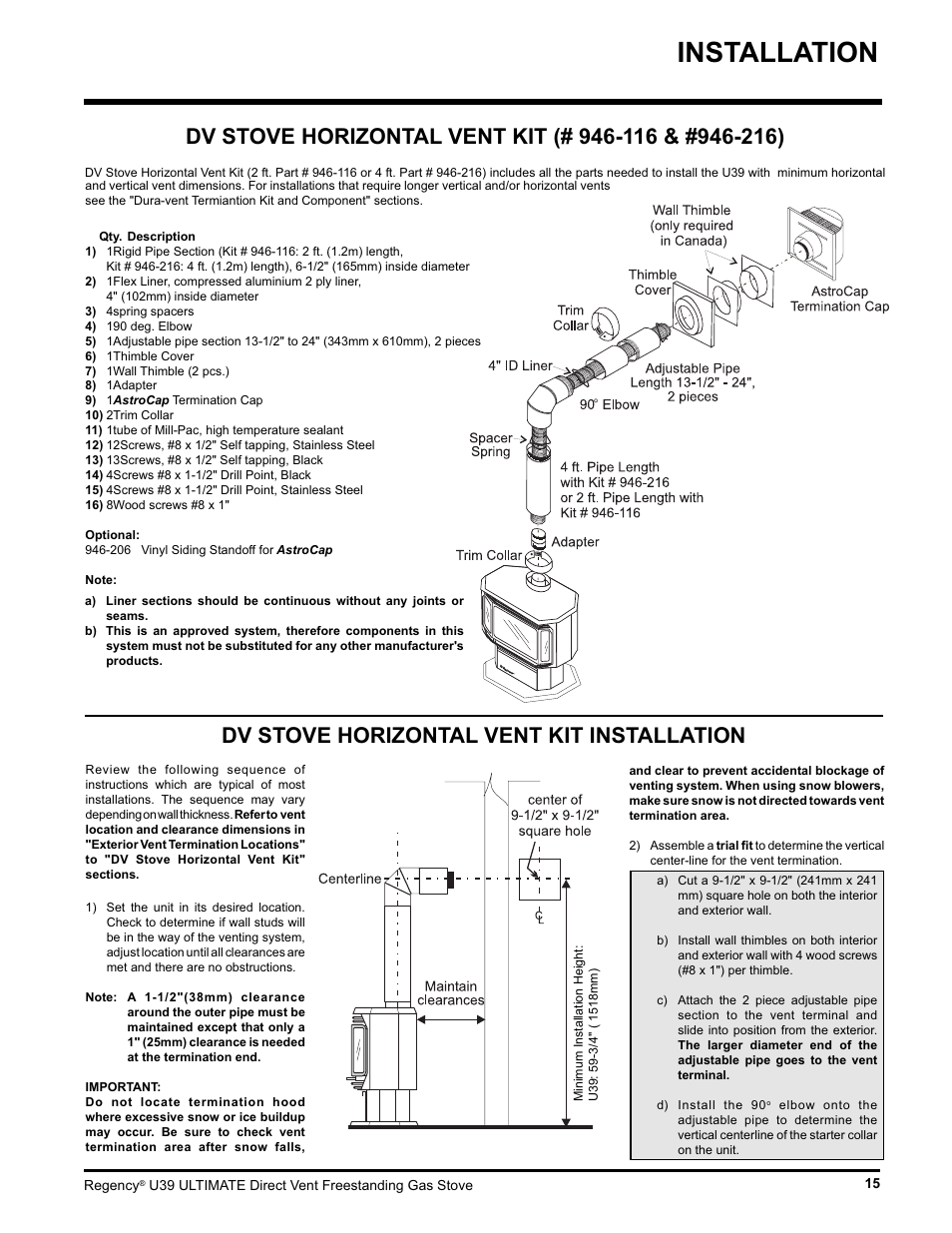 Installation, Dv stove horizontal vent kit installation | Regency Ultimate U39-LP1 User Manual | Page 15 / 44