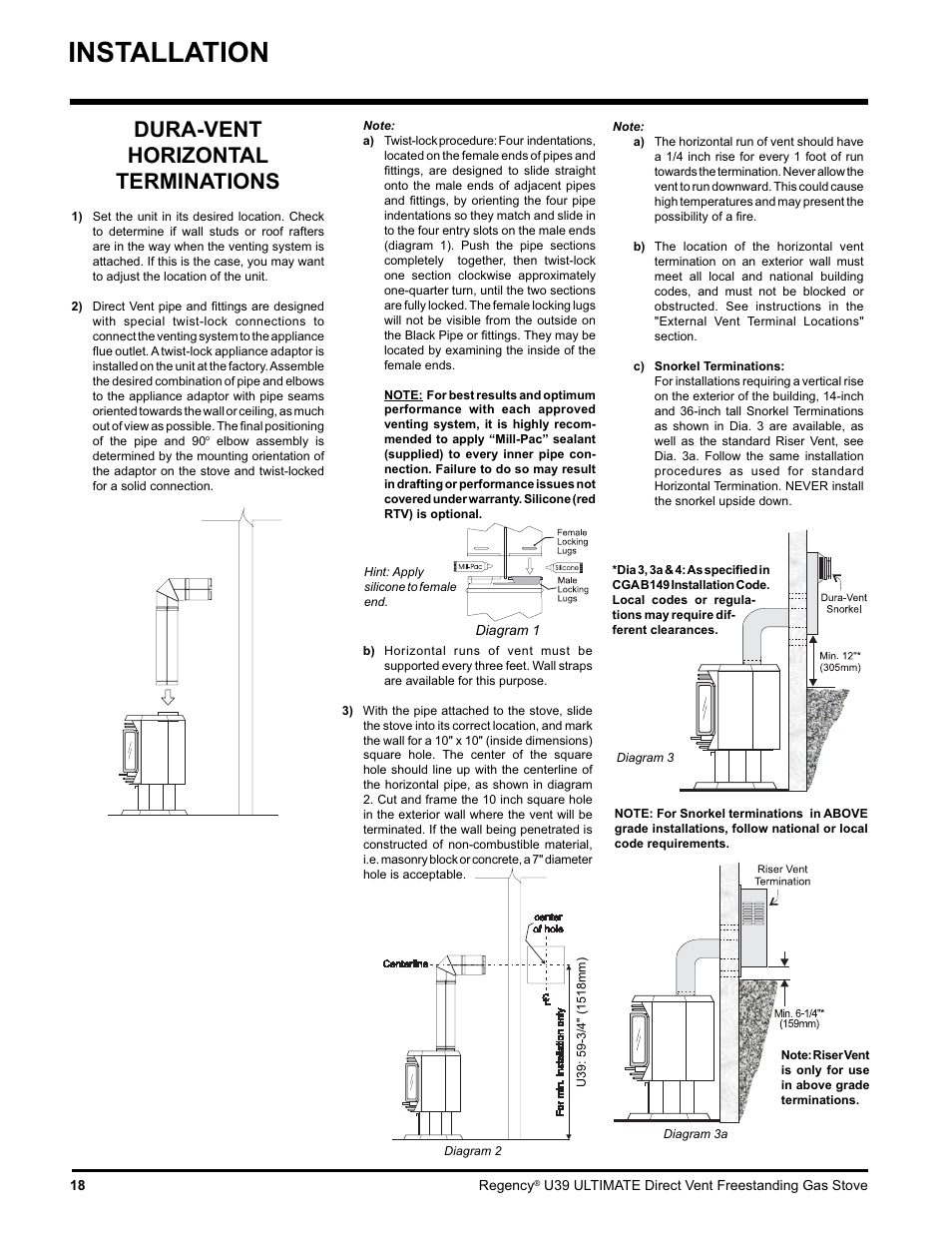 Installation, Dura-vent horizontal terminations | Regency Ultimate U39-LP1 User Manual | Page 18 / 44