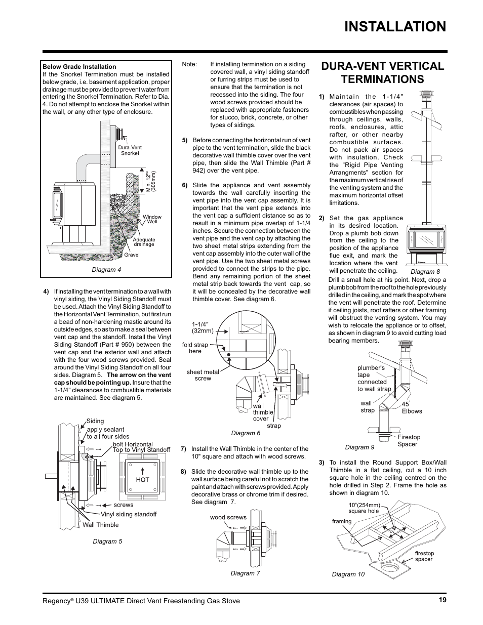 Installation, Dura-vent vertical terminations | Regency Ultimate U39-LP1 User Manual | Page 19 / 44