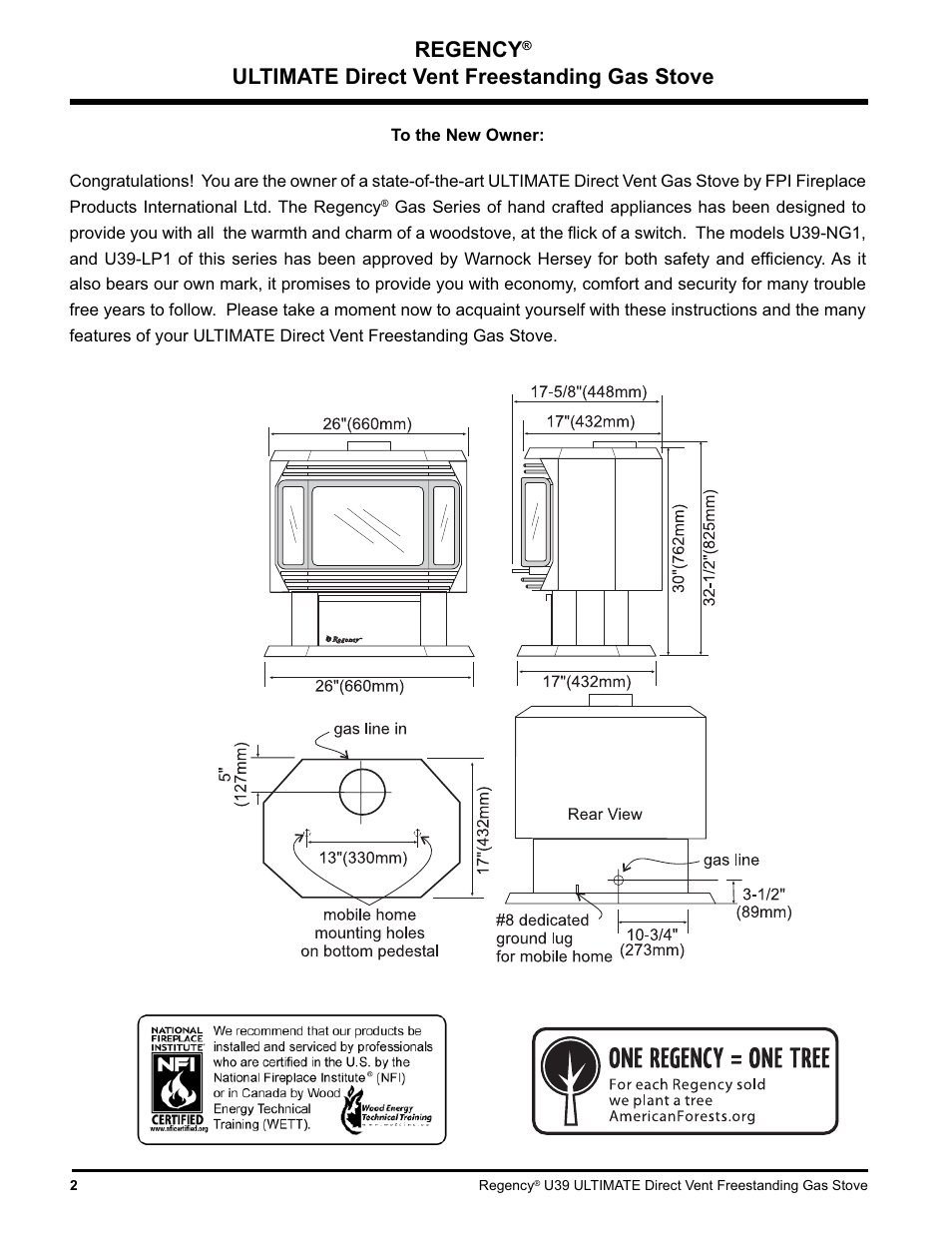 Regency, Ultimate direct vent freestanding gas stove | Regency Ultimate U39-LP1 User Manual | Page 2 / 44