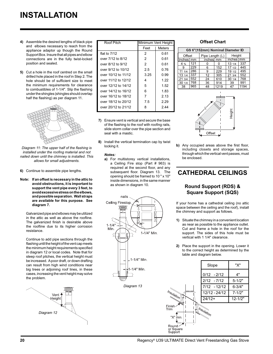 Installation, Cathedral ceilings, Round support (rds) & square support (sqs) | Regency Ultimate U39-LP1 User Manual | Page 20 / 44