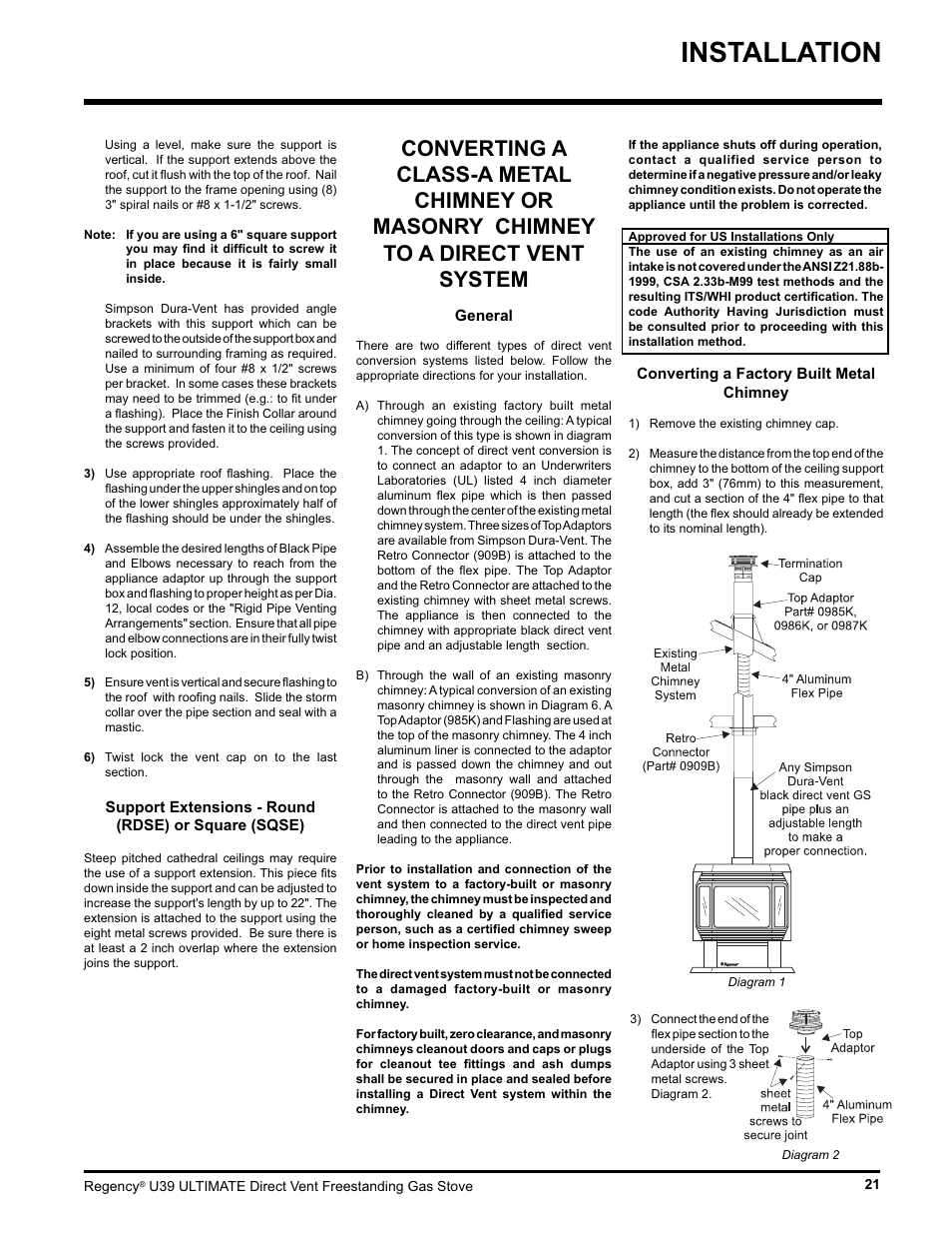Installation | Regency Ultimate U39-LP1 User Manual | Page 21 / 44