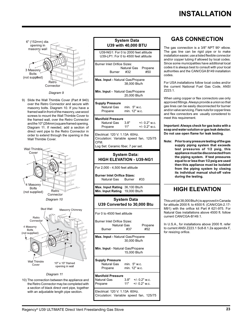 Installation, Gas connection, High elevation | Regency Ultimate U39-LP1 User Manual | Page 23 / 44
