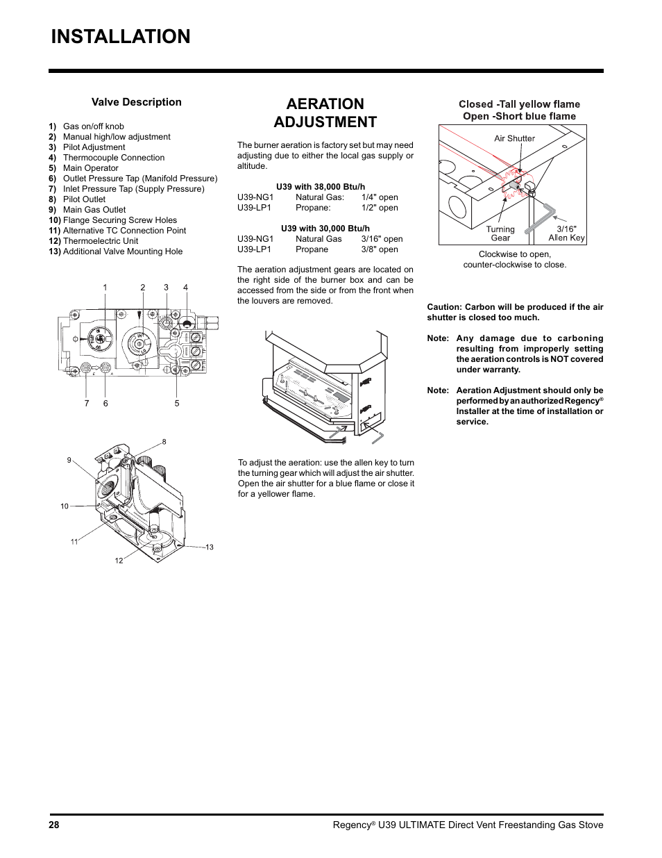 Installation, Aeration adjustment | Regency Ultimate U39-LP1 User Manual | Page 28 / 44
