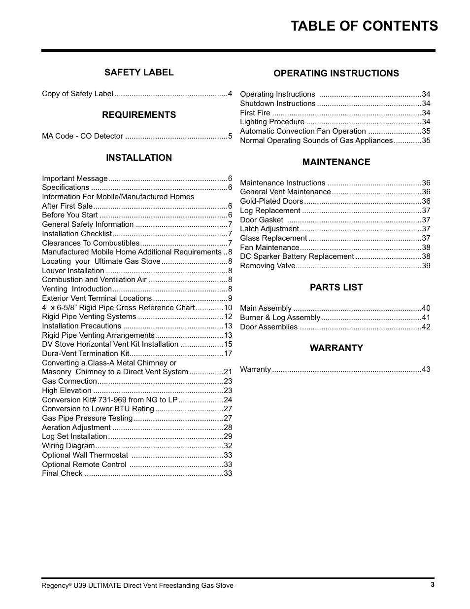 Regency Ultimate U39-LP1 User Manual | Page 3 / 44