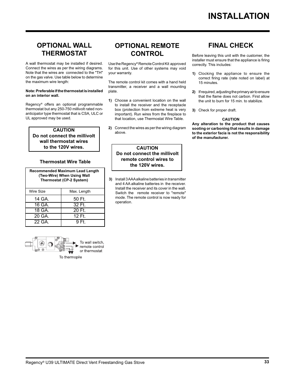 Installation, Optional wall thermostat, Optional remote control | Final check | Regency Ultimate U39-LP1 User Manual | Page 33 / 44