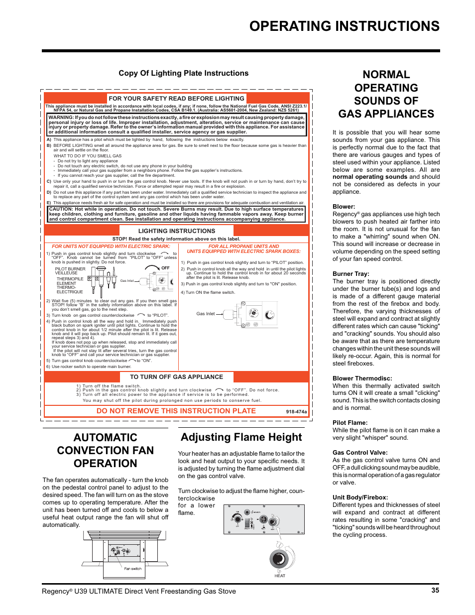 Operating instructions, Normal operating sounds of gas appliances, Adjusting flame height | Automatic convection fan operation, Copy of lighting plate instructions | Regency Ultimate U39-LP1 User Manual | Page 35 / 44