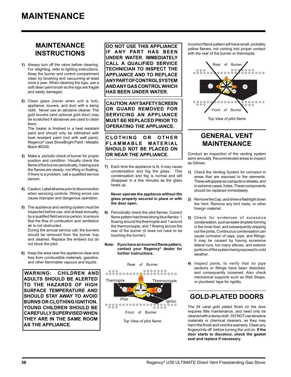 Maintenance, Maintenance instructions, General vent maintenance | Gold-plated doors | Regency Ultimate U39-LP1 User Manual | Page 36 / 44