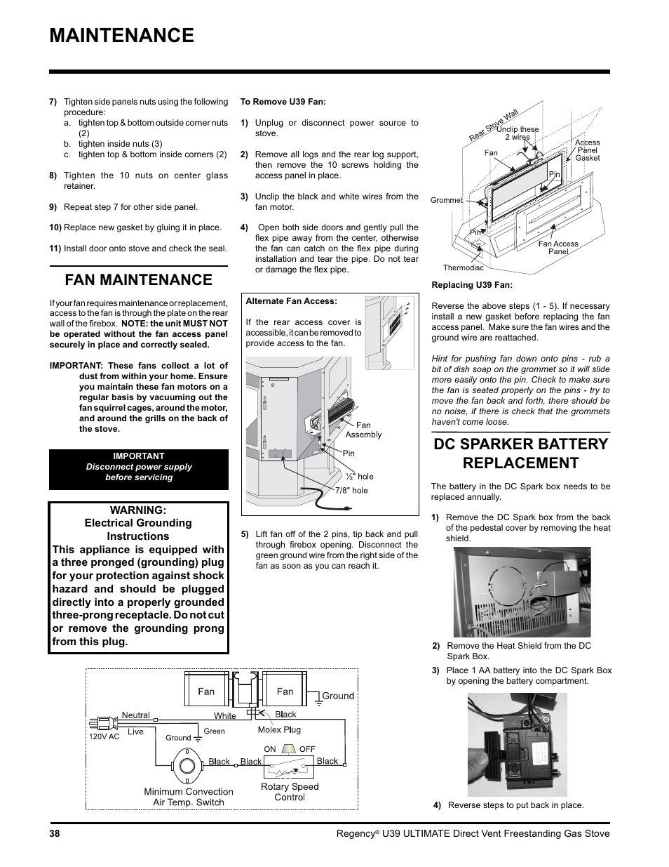 Maintenance, Fan maintenance, Dc sparker battery replacement | Regency Ultimate U39-LP1 User Manual | Page 38 / 44