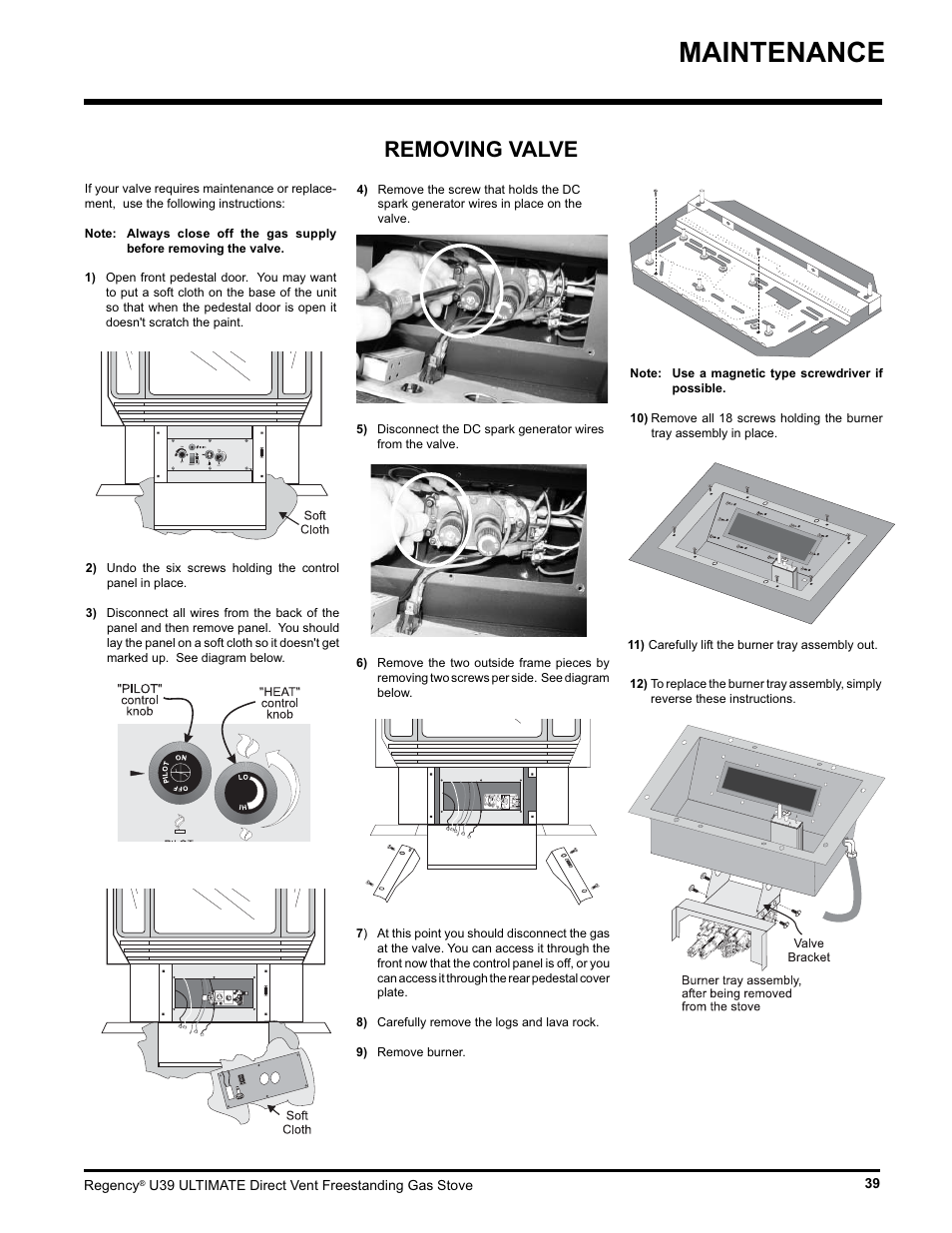 Maintenance, Removing valve | Regency Ultimate U39-LP1 User Manual | Page 39 / 44