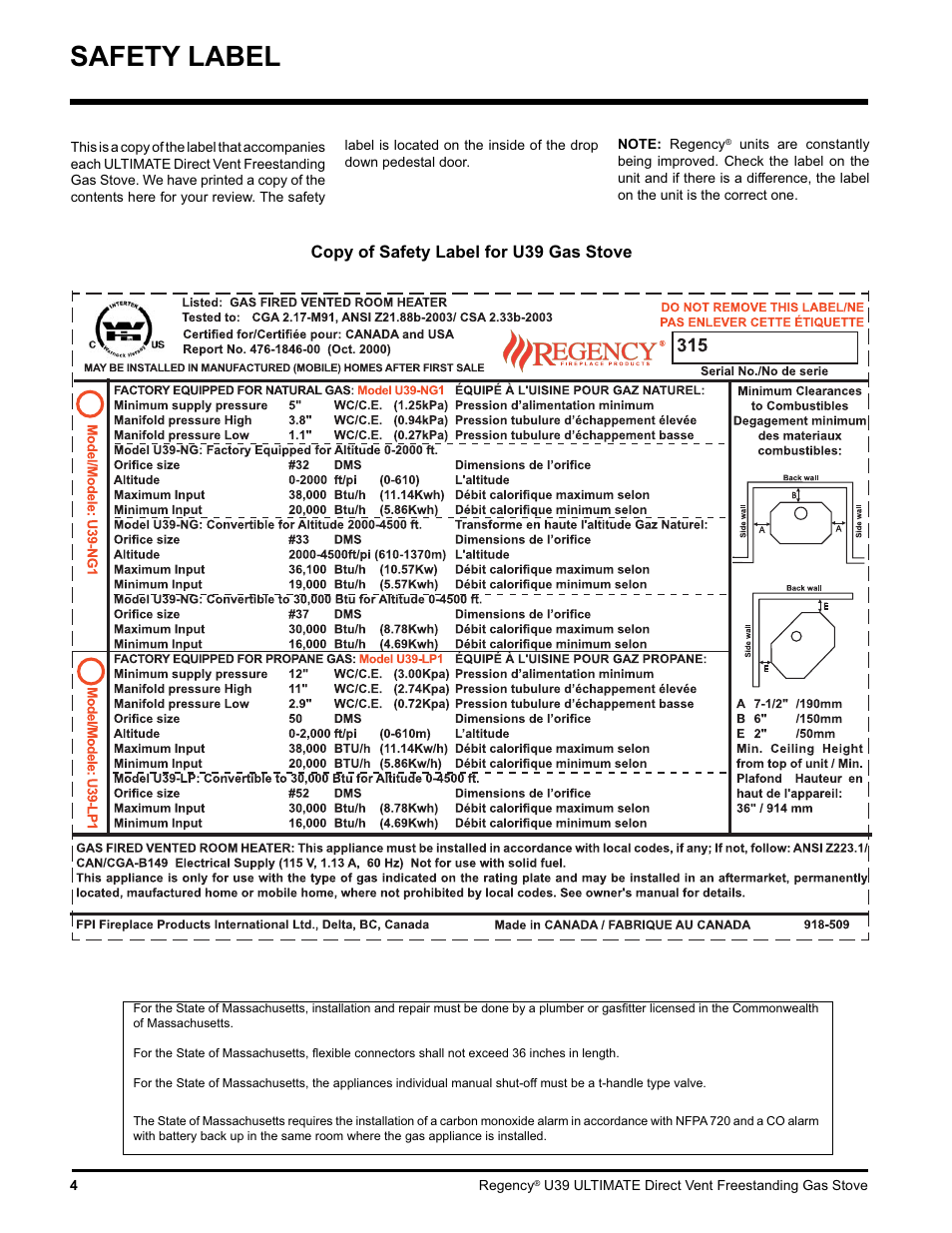 Safety label | Regency Ultimate U39-LP1 User Manual | Page 4 / 44