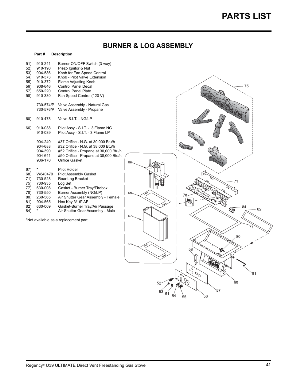 Parts list, Burner & log assembly | Regency Ultimate U39-LP1 User Manual | Page 41 / 44