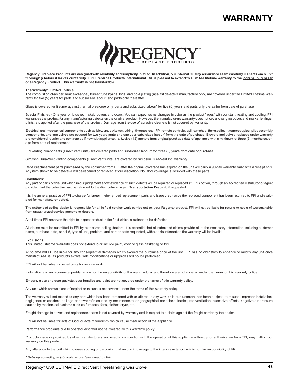 Warranty | Regency Ultimate U39-LP1 User Manual | Page 43 / 44