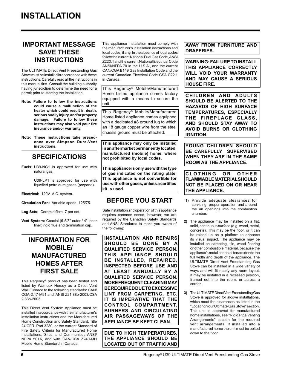 Installation, Important message save these instructions, Specifications | Before you start | Regency Ultimate U39-LP1 User Manual | Page 6 / 44