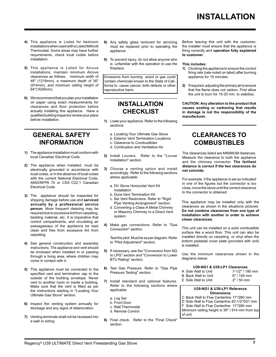 Installation, Installation checklist, General safety information | Clearances to combustibles | Regency Ultimate U39-LP1 User Manual | Page 7 / 44