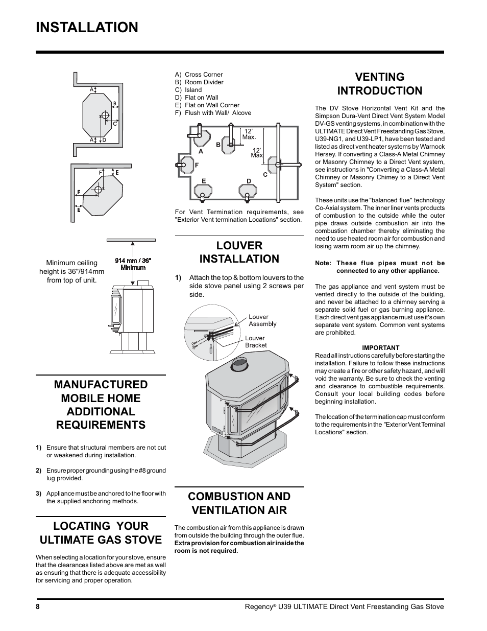 Installation, Louver installation, Manufactured mobile home additional requirements | Locating your ultimate gas stove, Venting introduction, Combustion and ventilation air | Regency Ultimate U39-LP1 User Manual | Page 8 / 44