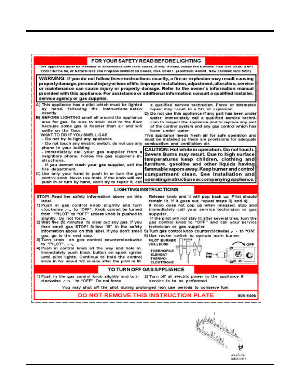 Operating instructions, Copy of the lighting plate instructions, Aeration adjustment | Regency C34-NG2 User Manual | Page 29 / 36