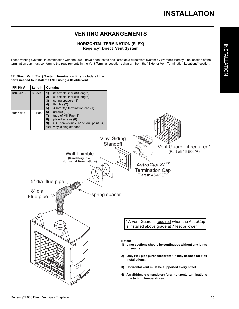 Installation, Venting arrangements, Vent guard - if required | Wall thimble, Vinyl siding standoff, Inst alla tion | Regency LIBERTY L900-NG User Manual | Page 15 / 56