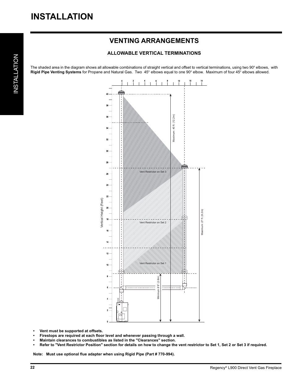 Installation, Venting arrangements, Inst alla tion | Allowable vertical terminations | Regency LIBERTY L900-NG User Manual | Page 22 / 56