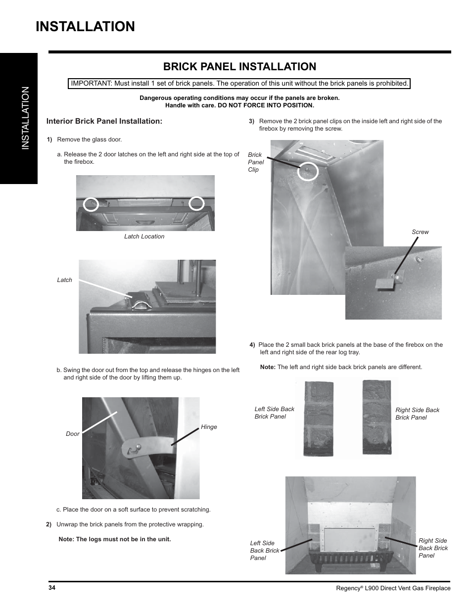 Installation, Brick panel installation, Inst alla tion | Regency LIBERTY L900-NG User Manual | Page 34 / 56