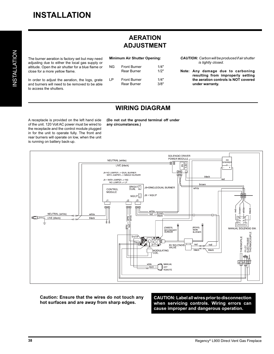 Installation, Wiring diagram, Aeration adjustment | Inst alla tion | Regency LIBERTY L900-NG User Manual | Page 38 / 56