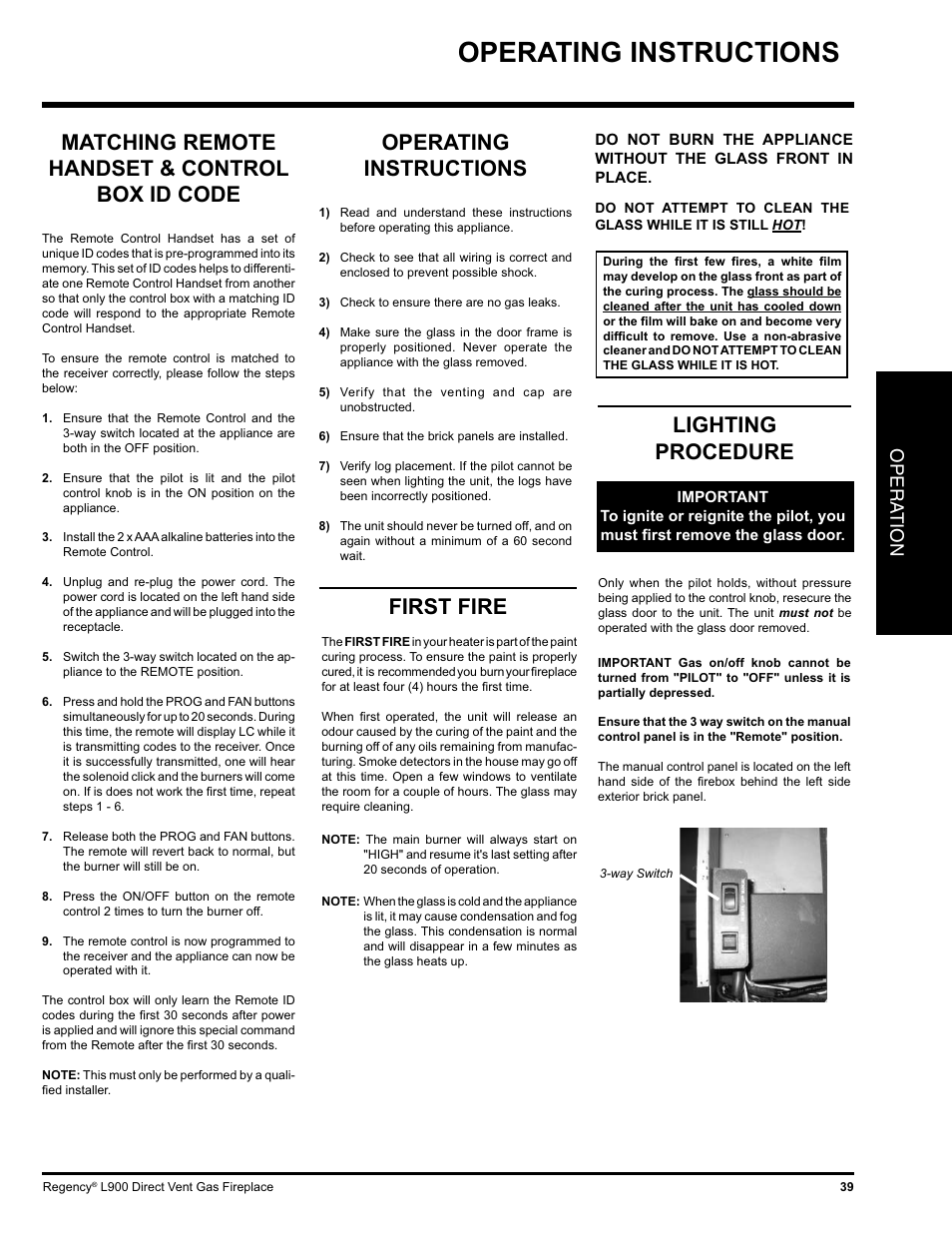 Operating instructions, Lighting procedure, First fire | Matching remote handset & control box id code, Opera tion | Regency LIBERTY L900-NG User Manual | Page 39 / 56