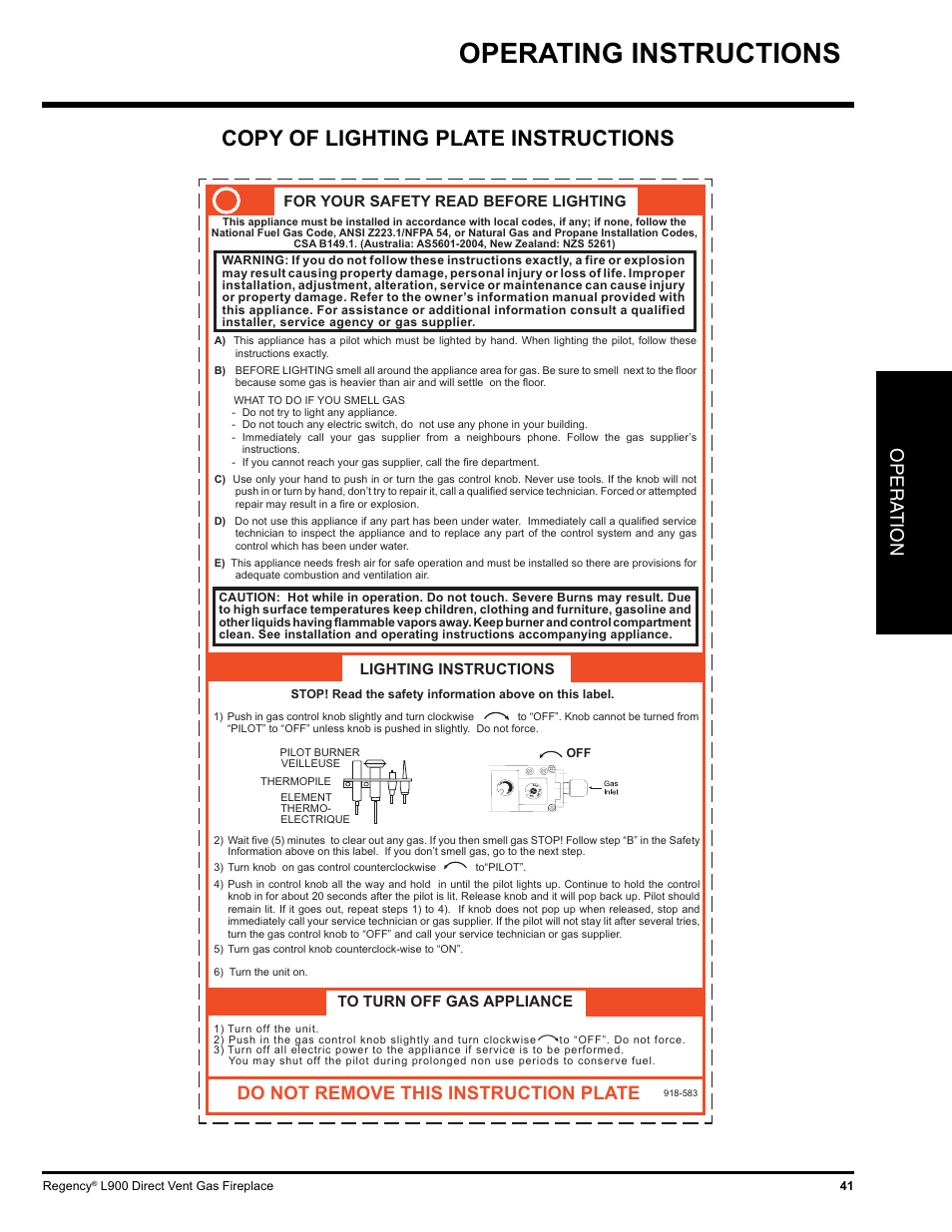 Operating instructions, Copy of lighting plate instructions, Opera tion | Do not remove this instruction plate | Regency LIBERTY L900-NG User Manual | Page 41 / 56