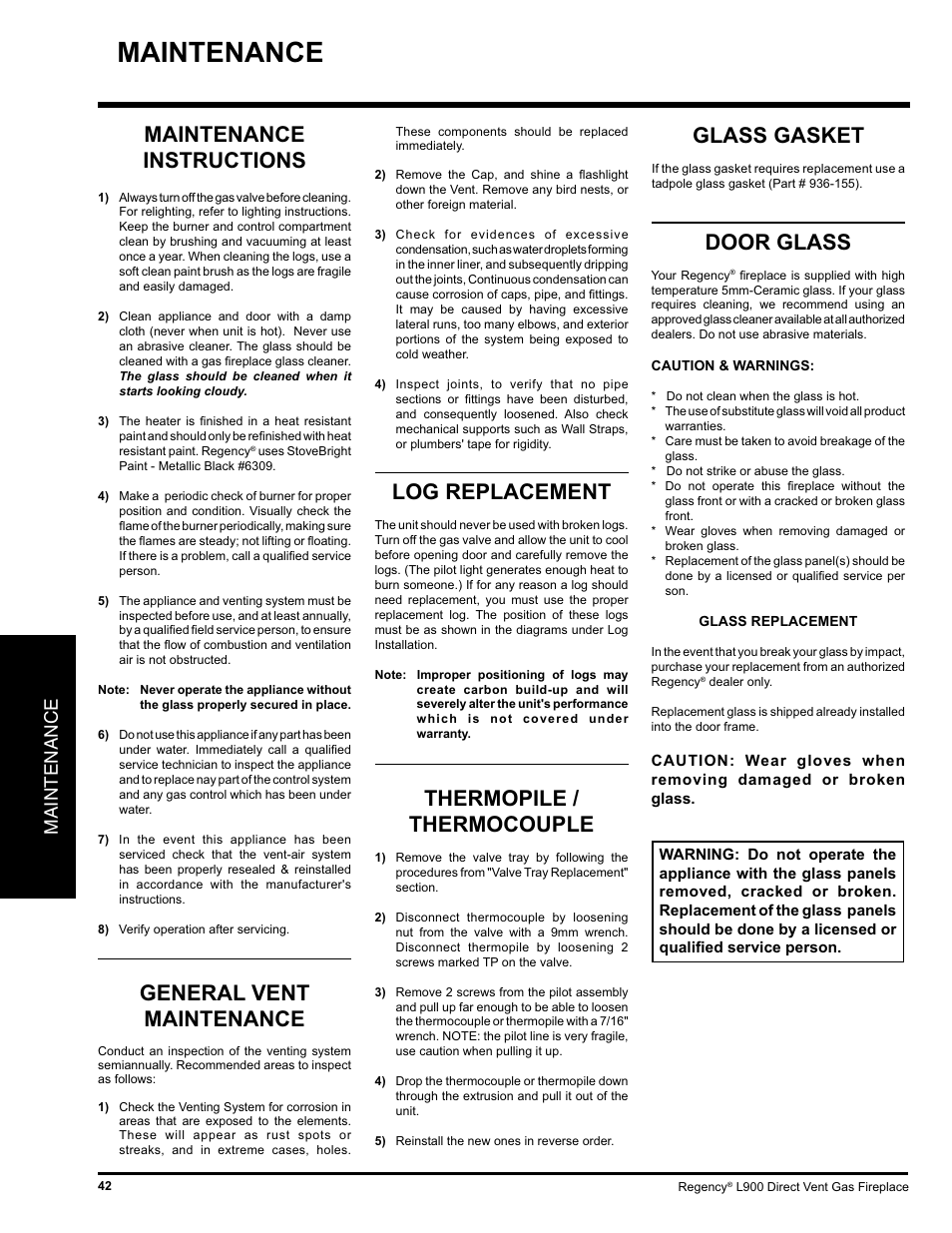 Maintenance instructions, General vent maintenance, Glass gasket | Log replacement, Thermopile / thermocouple, Door glass, Maintenance | Regency LIBERTY L900-NG User Manual | Page 42 / 56