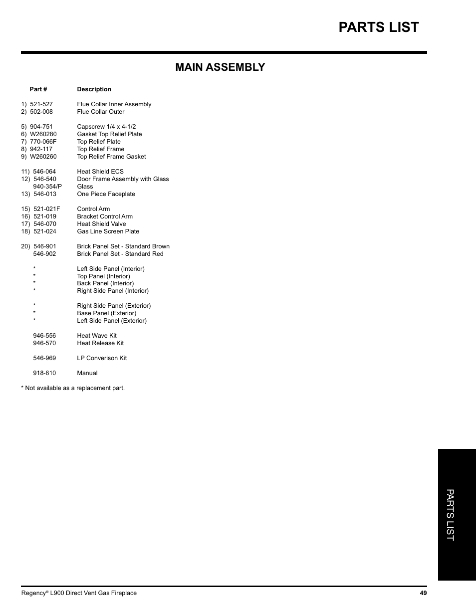 Parts list, Main assembly, Pa r ts list | Regency LIBERTY L900-NG User Manual | Page 49 / 56