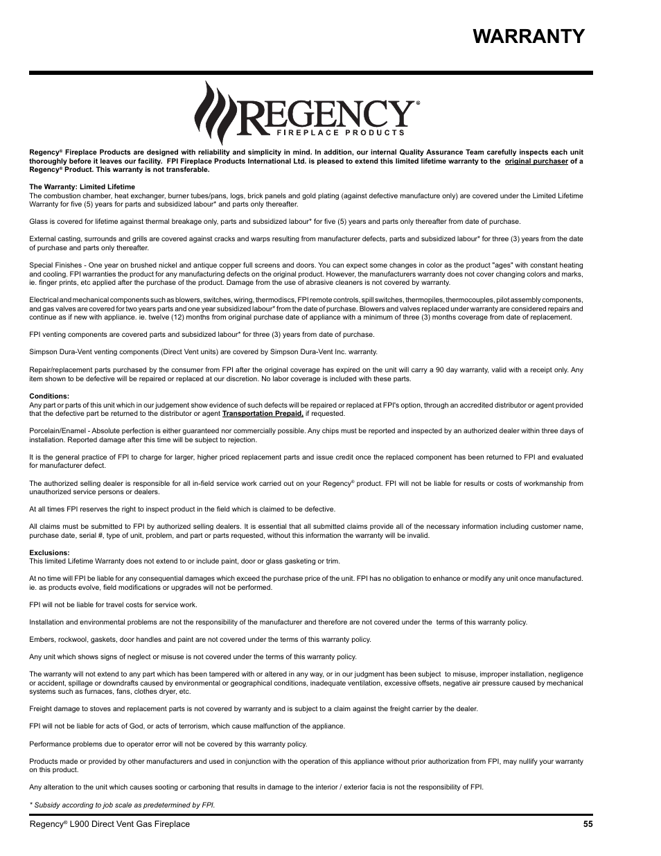 Warranty | Regency LIBERTY L900-NG User Manual | Page 55 / 56