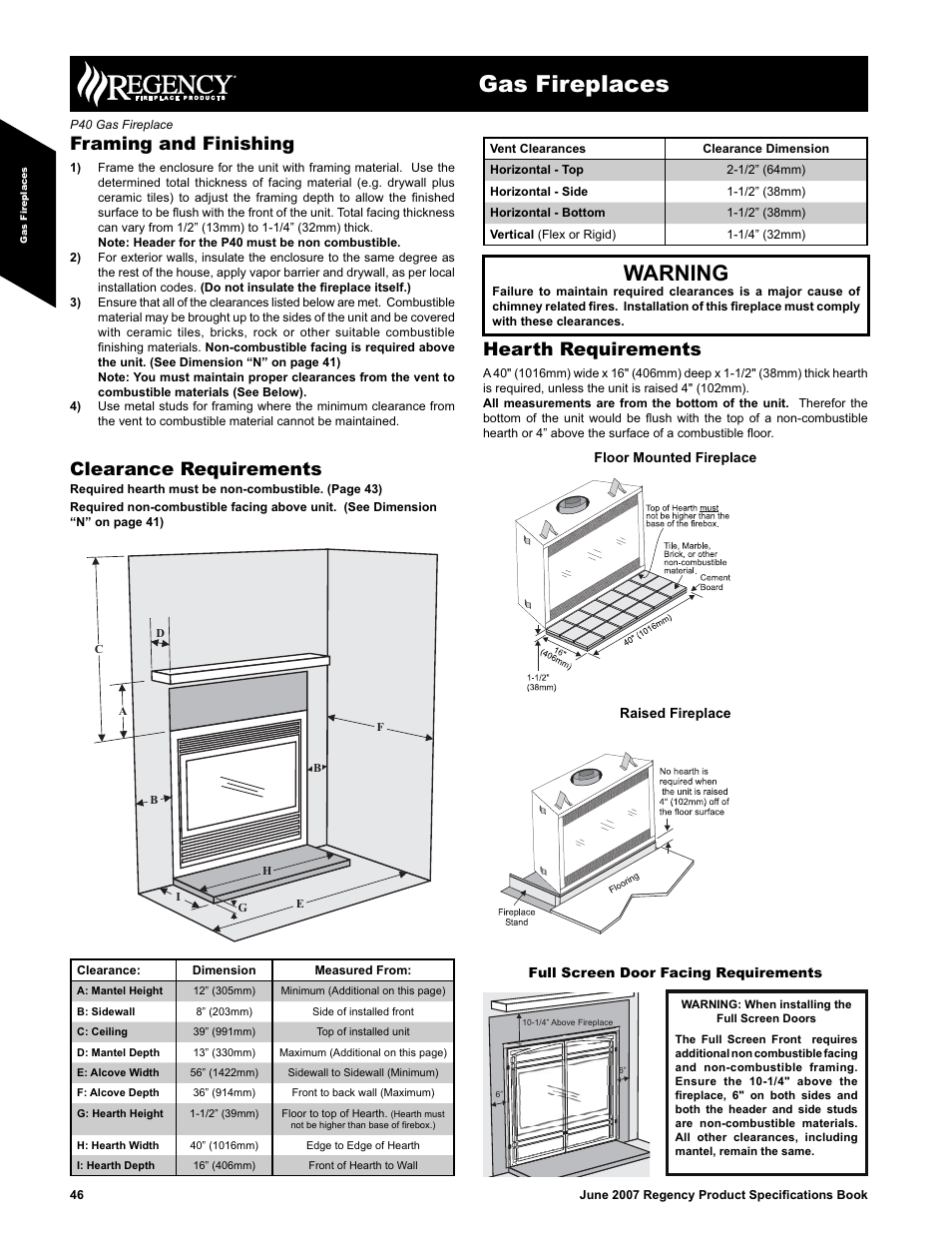 Gas fireplaces, Warning, Framing and finishing | Hearth requirements, Clearance requirements | Regency P40-NG1 User Manual | Page 2 / 7