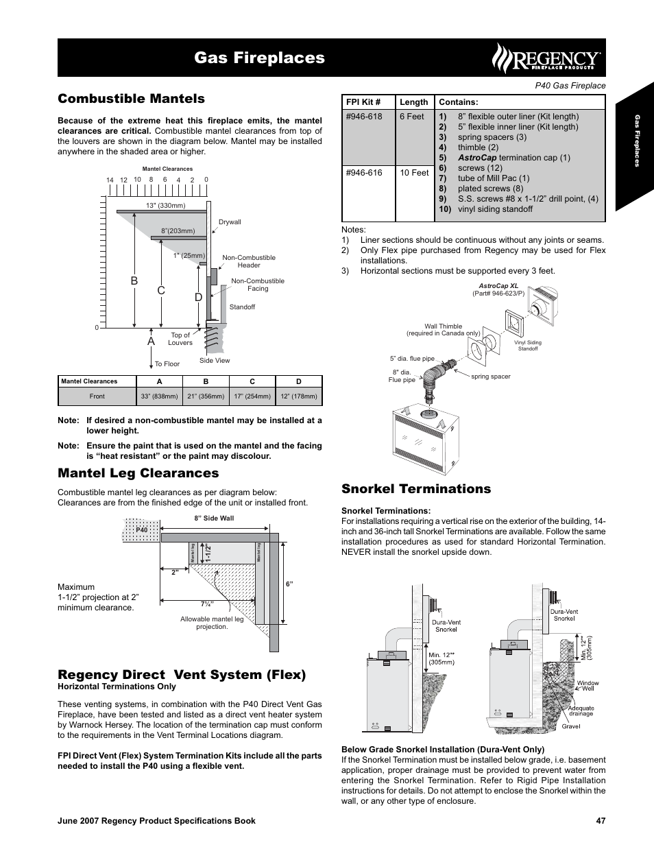 Gas fireplaces, Regency direct vent system (flex), Snorkel terminations | Mantel leg clearances, Combustible mantels, Bc d | Regency P40-NG1 User Manual | Page 3 / 7