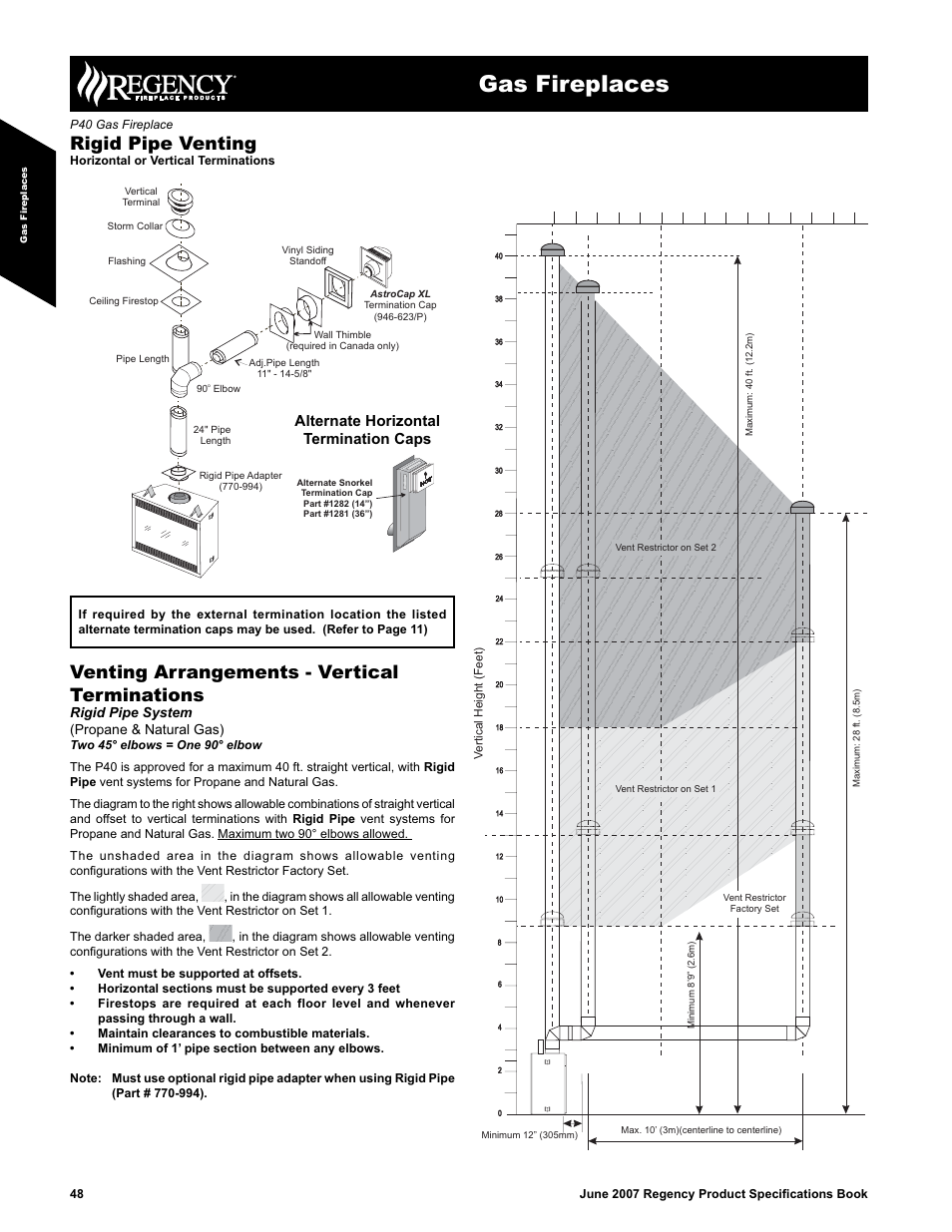 Gas fireplaces, Rigid pipe venting, Venting arrangements - vertical terminations | Alternate horizontal termination caps, Rigid pipe system (propane & natural gas) | Regency P40-NG1 User Manual | Page 4 / 7