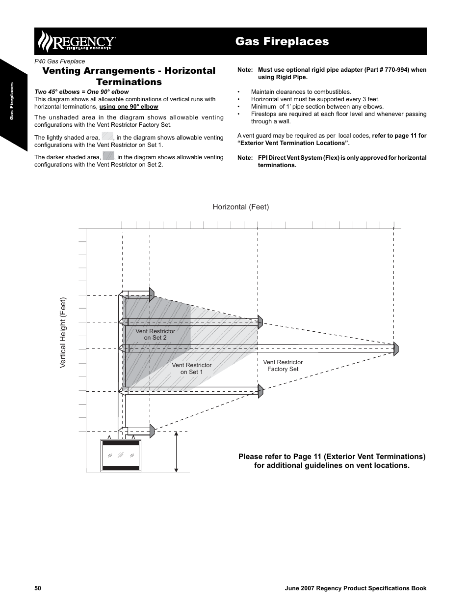 Gas fireplaces, Venting arrangements - horizontal terminations, Vertical height (feet) horizontal (feet) | Regency P40-NG1 User Manual | Page 6 / 7